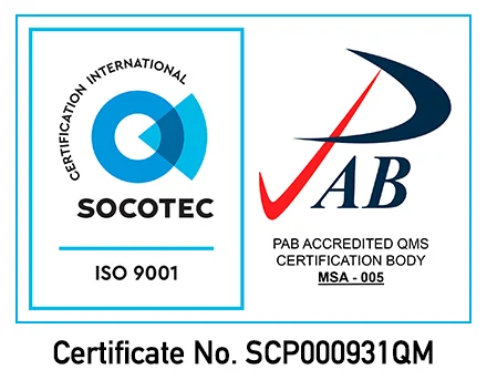 SOCOTEC ISO 9001 and PAB accredited QMS certification body — Certificate No. SCP000931QM