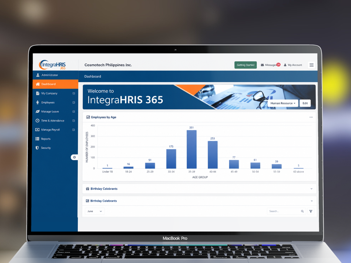 IntegraHRIS 365 dashboard shown on a MacBook Pro