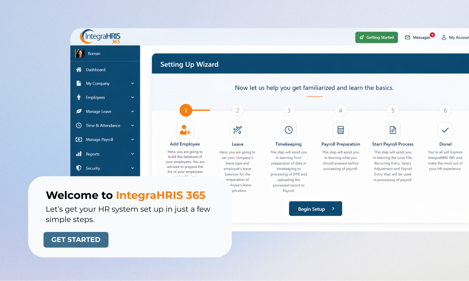 IntegraHRIS 365 setup wizard welcome screen